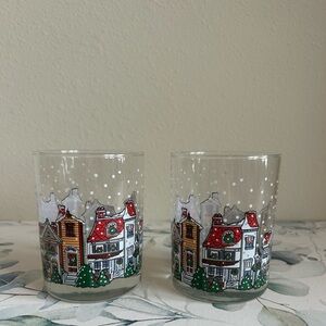 Vintage set of two Luminarc Christmas Village Old Fashioned Glasses